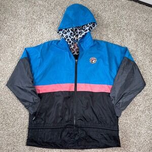 BUC EES Size LG Colorblock Blue Black Pink Hooded Full Zip Windbreaker Jacket